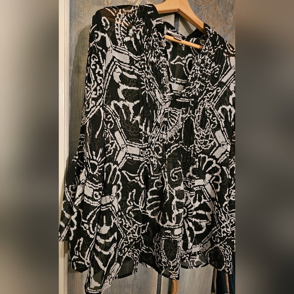 Vintage 90s Cache Sheer Blouse S Black White Pintuck V Neck Pullover - Picture 4 of 11